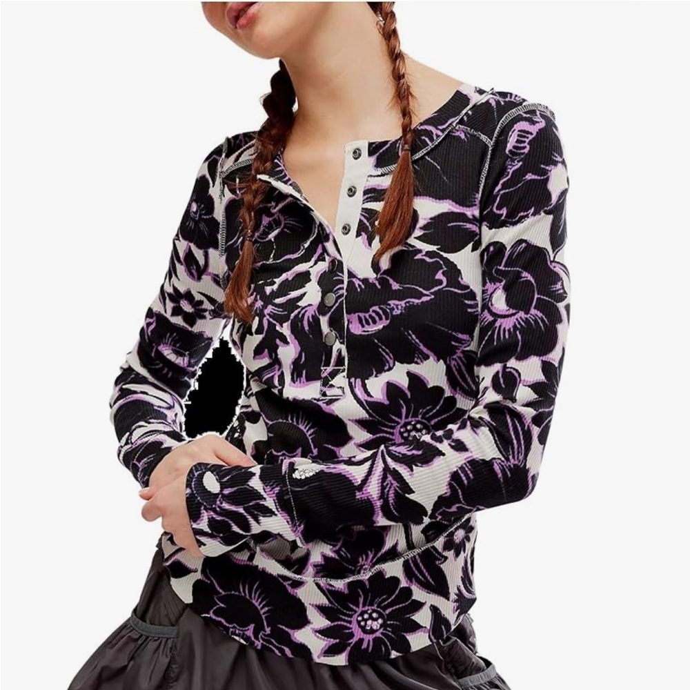 FP MOVEMENT by FREE PEOPLE Rally Printed Henley in Garden Floral Lilac Sz XS NEW